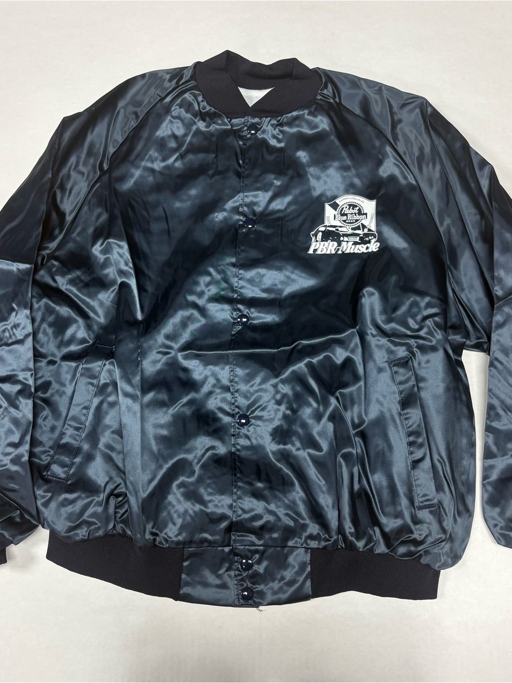 Pabst Blue Ribbon PBR Muscle Black Satin Bomber Jacket Snap Front Vintage Style